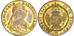 Pays-Bas autrichiens - Maria-Theresia au nom de Frans I (1740-1780) - 10 souverains en cuivre doré 1751 (Anvers) Pays-Bas autrichiens - Maria-Theresia au nom de Frans I (1740-1780) - 10 souverains en cuivre doré 1751 (Anvers)
