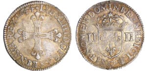 Louis XIV (1643-1715) - ¼ d'écu, frappe au marteau, avers côté croix - 1644 C (Saint-Lô)