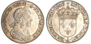 Louis XIII (1610-1643) - ¼ d'écu du 2ème poinçon de Warin - 1643 A (Paris) Rose Louis XIII (1610-1643) - ¼ d'écu du 2ème poinçon de Warin - 1643 A (Paris) Rose