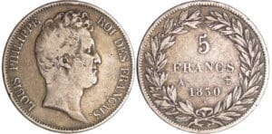 Louis-Philippe Ier (1830-1848) - 5 francs tête nue sans le I tranche en relief 1830 A (Paris)