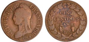 Bonaparte premier consul (1799-1804) - 5 centimes Dupré - grand module An 8 BB (Strasbourg) Bonaparte premier consul (1799-1804) - 5 centimes Dupré - grand module An 8 BB (Strasbourg)