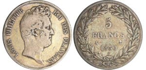 Louis-Philippe Ier (1830-1848) - 5 francs tête nue sans le I tranche en relief 1830 A (Paris) Louis-Philippe Ier (1830-1848) - 5 francs tête nue sans le I tranche en relief 1830 A (Paris)