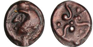 Suessions - Potin aux trois volutes, type de Pommiers à la tête chauve (60-30 av. J.-C.)
