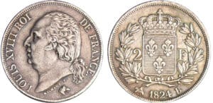 Louis XVIII (1815-1824) - 2 francs au buste nu 1824 B (Rouen) Louis XVIII (1815-1824) - 2 francs au buste nu 1824 B (Rouen)