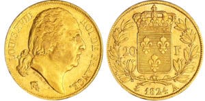 Louis XVIII (1815-1824) - 20 francs au buste nu 1824 A (Paris) Louis XVIII (1815-1824) - 20 francs au buste nu 1824 A (Paris)