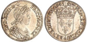 Louis XIV (1643-1715) - ¼ écu à la mèche courte - 1643 A (Paris) Louis XIV (1643-1715) - ¼ écu à la mèche courte - 1643 A (Paris)