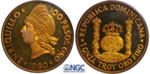 République Dominicaine - 100 pesos 1980 essai en bronze tranche inscrite