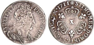 Louis XIV (1643-1715) - 1/10 d'écu aux 3 couronnes - 1711 X (Amiens) Louis XIV (1643-1715) - 1/10 d'écu aux 3 couronnes - 1711 X (Amiens)
