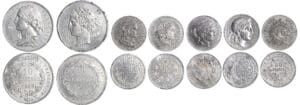Deuxième république (1848-1852) - Lot de 7 essais en étain de la 20 francs et 10 centimes