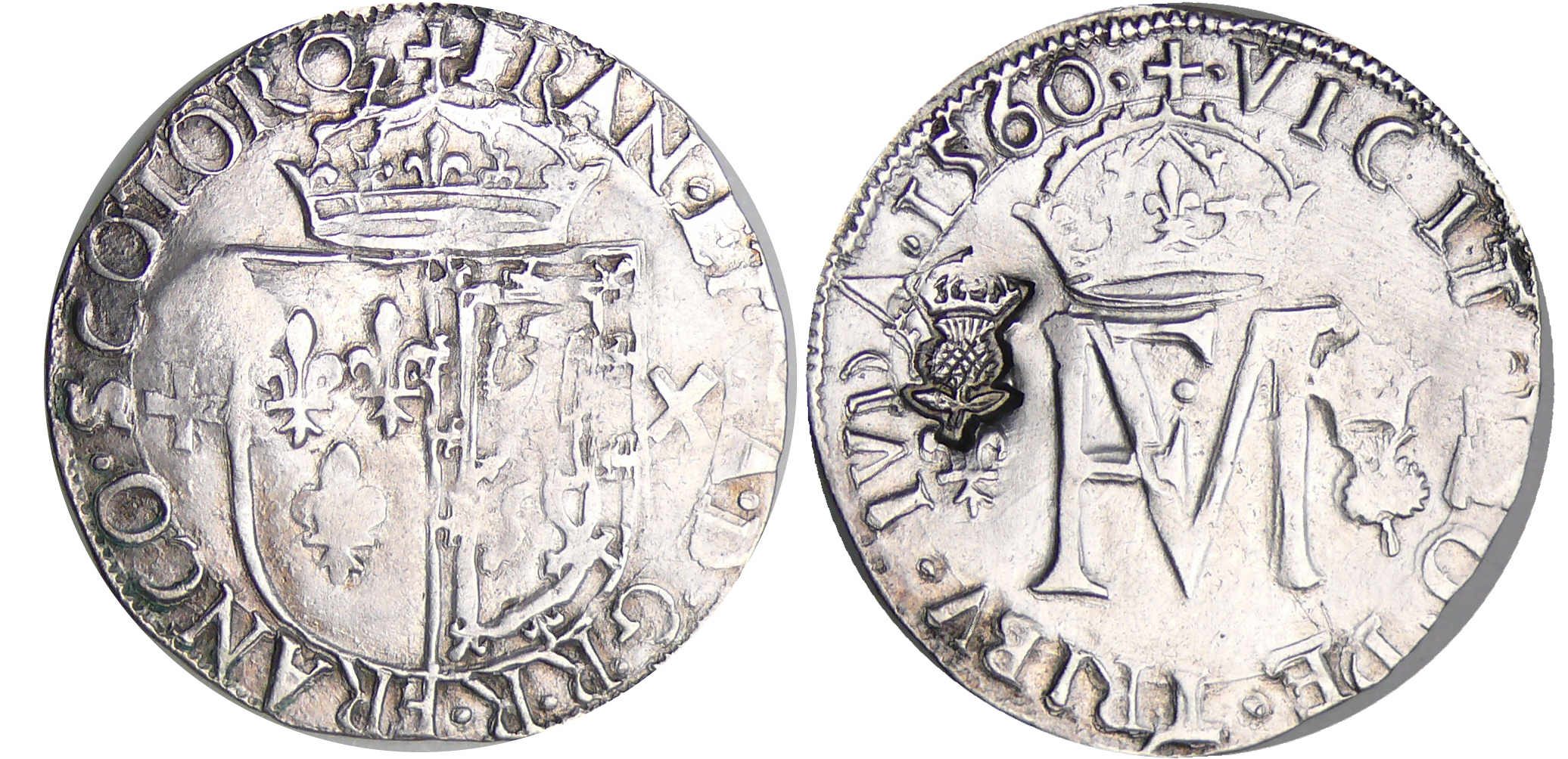 François II (1559-1560) - Ecosse - François II et Marie Stuart - Teston 1560 contremarqué d'un chardon couronné François II (1559-1560) - Ecosse - François II et Marie Stuart - Teston 1560 contremarqué d'un chardon couronné