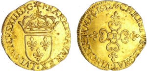 Louis XIII (1610-1643) - Ecu d’or frappe au marteau - 1632 B (Rouen) Louis XIII (1610-1643) - Ecu d’or frappe au marteau - 1632 B (Rouen)