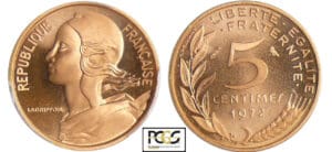 Cinquième république (1959- ) - 5 centimes Lagriffoul 1972 piéfort or