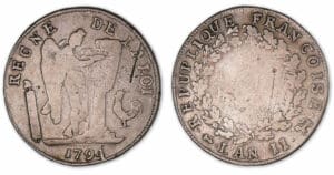Ecu de 6 livres FRANCOISE 1794 A (Paris) Faux d'époque. Ecu de 6 livres FRANCOISE 1794 A (Paris) Faux d'époque.