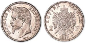 2 francs Napoléon III tête laurée 1869 A (Paris). 2 francs Napoléon III tête laurée 1869 A (Paris).