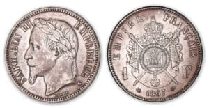 1 franc Napoléon III tête laurée 1867 K (Bordeaux). 1 franc Napoléon III tête laurée 1867 K (Bordeaux).