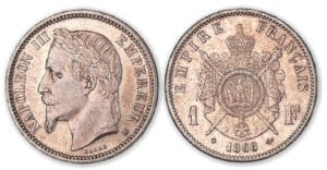 1 franc Napoléon III tête laurée 1868 BB (Strasbourg). 1 franc Napoléon III tête laurée 1868 BB (Strasbourg).