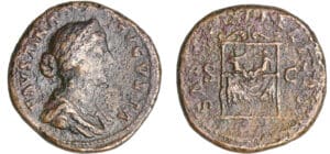 Faustine jeune - Sesterce (161, Rome) - Trône avec les jumeaux