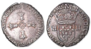 Henri IV - Quart d'écu croix feuillue 1601 H (La Rochelle). Henri IV - Quart d'écu croix feuillue 1601 H (La Rochelle).