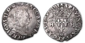 Henri II - Demi-teston 1553 M 5e type (Toulouse). Henri II - Demi-teston 1553 M 5e type (Toulouse).