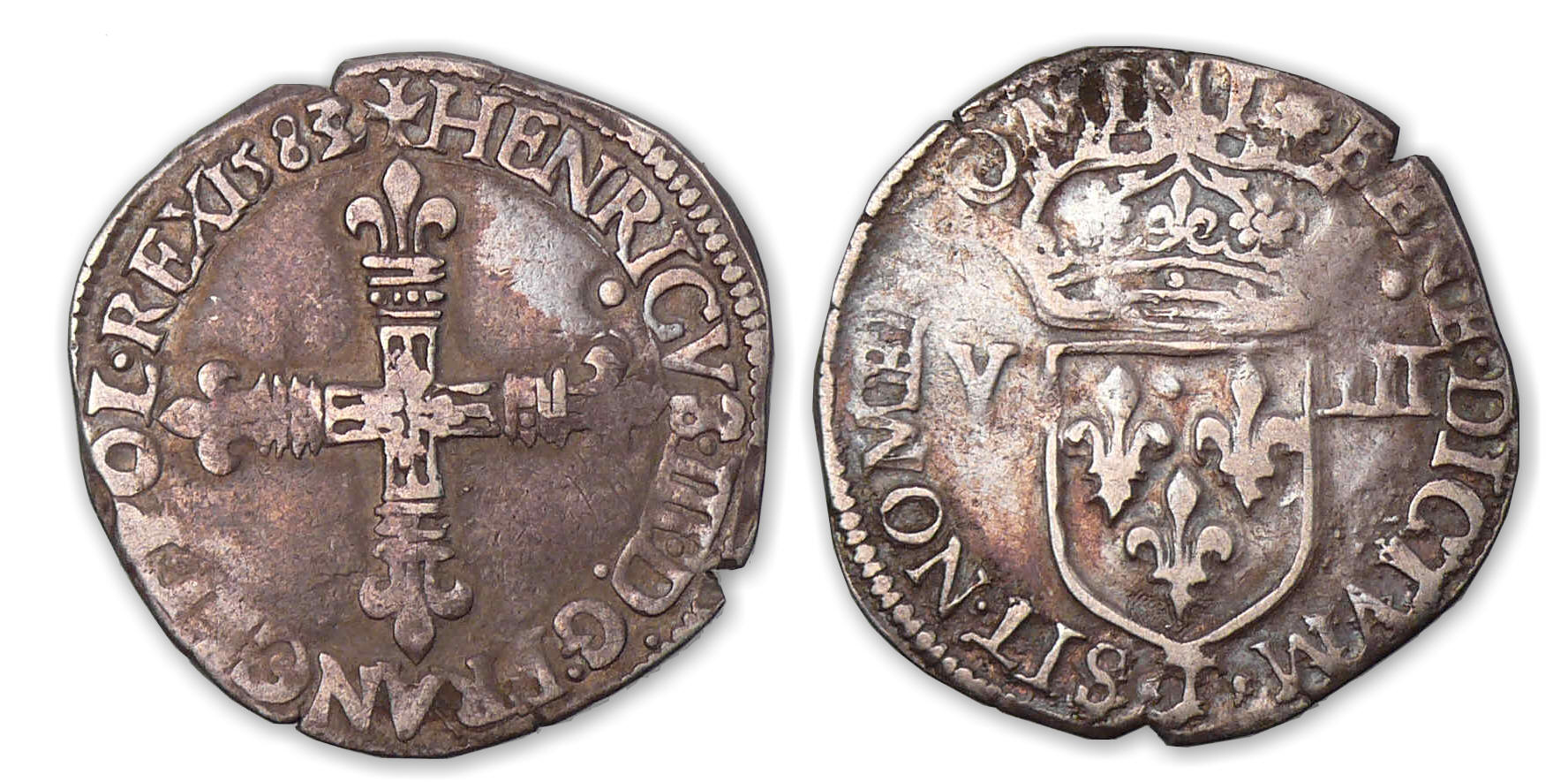 Henri III - Huitième d'écu 1583/2 T (Nantes). Henri III - Huitième d'écu 1583/2 T (Nantes).