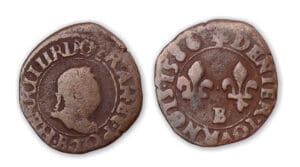 Henri III - Denier tournois 1586 B (Rouen) frappe médaille. Henri III - Denier tournois 1586 B (Rouen) frappe médaille.