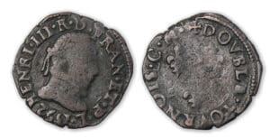 Henri III - Double tournois 1592 M (Toulouse) frappe médaille. Henri III - Double tournois 1592 M (Toulouse) frappe médaille.