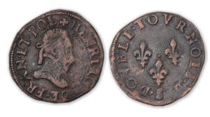 Henri III - Double tournois SD S (Troyes) frappe décalée de 270. Henri III - Double tournois SD S (Troyes) frappe décalée de 270.