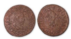 Louis XIII - Double tournois enfantin col fraisé 1612 T (Nantes). Louis XIII - Double tournois enfantin col fraisé 1612 T (Nantes).