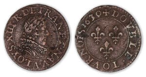 Louis XIII - Double tournois juvénile col fraisé 1630 A (Paris). Louis XIII - Double tournois juvénile col fraisé 1630 A (Paris).