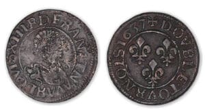 Louis XIII - Double tournois juvénile col fraisé 1637 R (Villeneuve). Louis XIII - Double tournois juvénile col fraisé 1637 R (Villeneuve).
