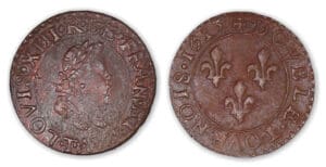 Louis XIII - Double tournois enfantin col fraisé 1615 T (Nantes). Louis XIII - Double tournois enfantin col fraisé 1615 T (Nantes).