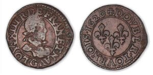 Louis XIII - Double tournois enfantin 1620 G (Poitiers). Louis XIII - Double tournois enfantin 1620 G (Poitiers).