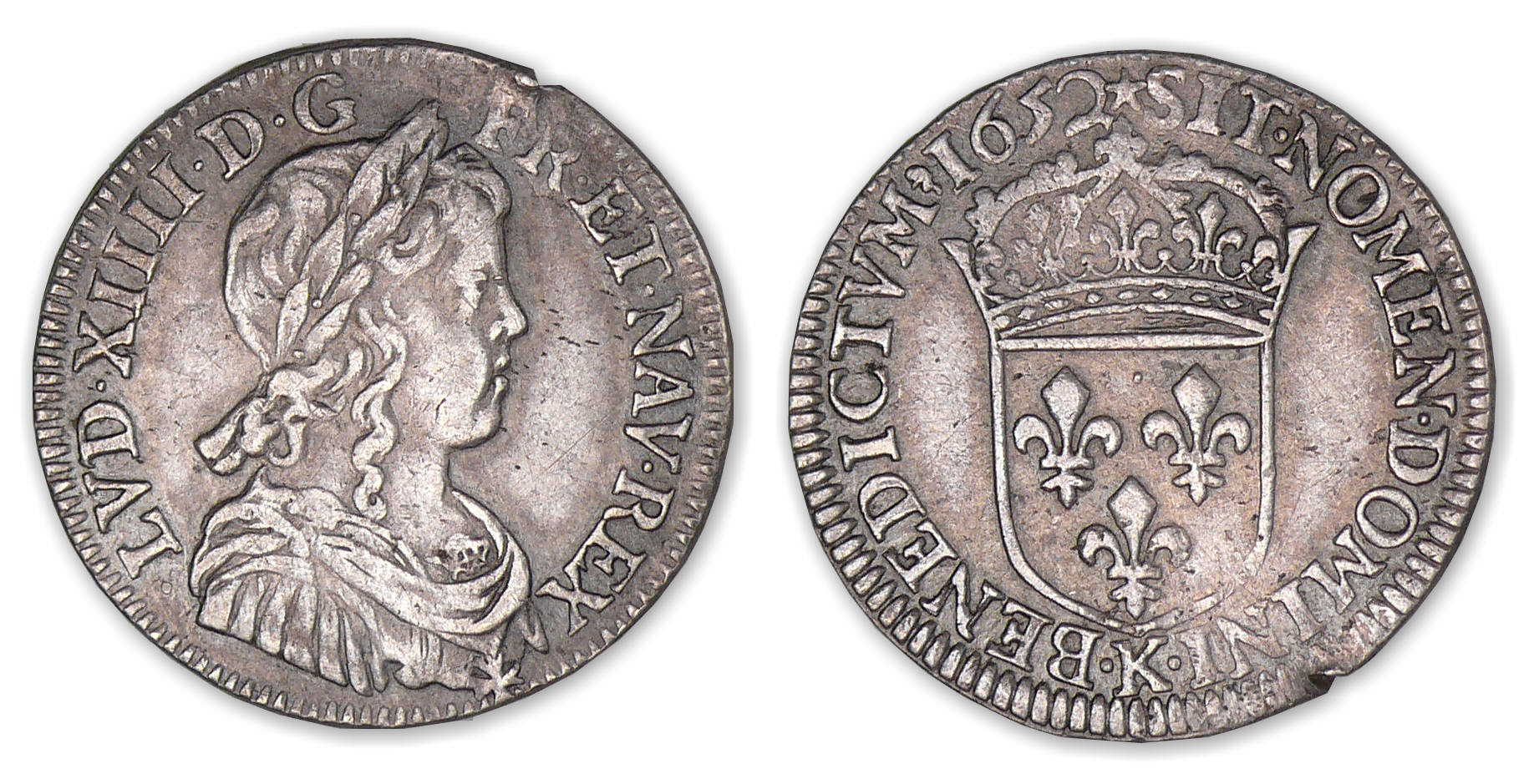 Louis XIV - Quart d'écu à la mèche longue 1652 K (Bordeaux). Louis XIV - Quart d'écu à la mèche longue 1652 K (Bordeaux).