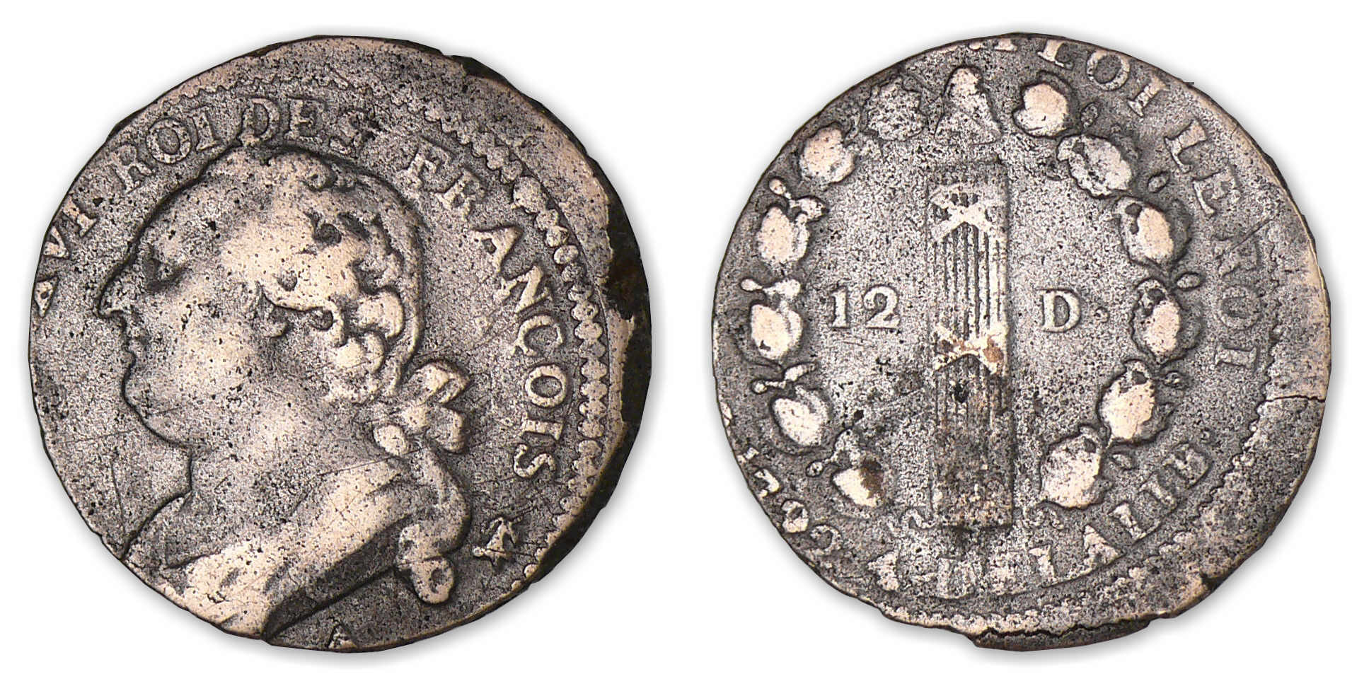 12 deniers type FRANCOIS 1792 A léopard-lyre (Paris). 12 deniers type FRANCOIS 1792 A léopard-lyre (Paris).