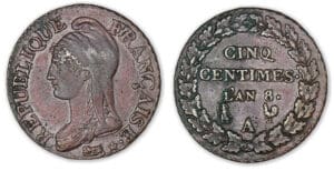 5 centimes Dupré grand module An 8 A (Paris). 5 centimes Dupré grand module An 8 A (Paris).