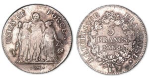 5 francs Hercule union et force avec glands An 8 L (Bayonne). 5 francs Hercule union et force avec glands An 8 L (Bayonne).