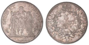 5 francs Hercule union et force avec glands An 10 L (Bayonne). 5 francs Hercule union et force avec glands An 10 L (Bayonne).