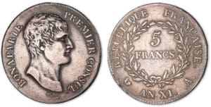 5 francs Bonaparte Premier Consul An XI A (Paris). 5 francs Bonaparte Premier Consul An XI A (Paris).