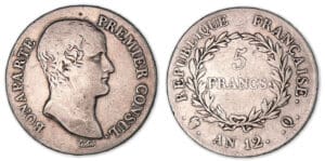 5 francs Bonaparte Premier Consul An 12 Q (Perpignan). 5 francs Bonaparte Premier Consul An 12 Q (Perpignan).