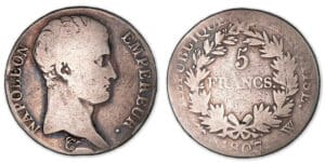 5 francs Napoléon Empereur 1807 W (Lille). 5 francs Napoléon Empereur 1807 W (Lille).