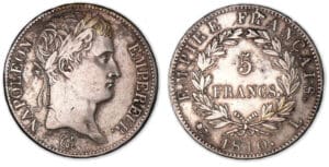 5 francs Napoléon revers Empire 1810 L (Bayonne). 5 francs Napoléon revers Empire 1810 L (Bayonne).