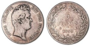 5 francs Louis-Philippe tête nue, tranche creux 1830 D (Lyon). 5 francs Louis-Philippe tête nue, tranche creux 1830 D (Lyon).