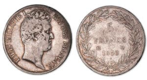 5 francs Louis-Philippe I tête nue, tranche creux 1830 MA (Marseille). 5 francs Louis-Philippe I tête nue, tranche creux 1830 MA (Marseille).