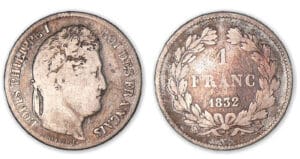1 franc Louis-Philippe I tête laurée 1832 MA (Marseille). 1 franc Louis-Philippe I tête laurée 1832 MA (Marseille).