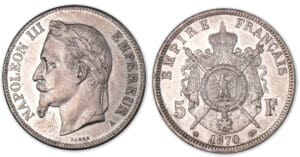 5 francs Napoléon III tête laurée 1870 A (Paris). 5 francs Napoléon III tête laurée 1870 A (Paris).
