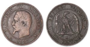 10 centimes Napoléon III tête nue 1857 MA (Marseille). 10 centimes Napoléon III tête nue 1857 MA (Marseille).