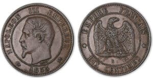 10 centimes Napoléon III tête nue 1855 B ancre (Rouen). 10 centimes Napoléon III tête nue 1855 B ancre (Rouen).