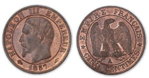 5 centimes Napoléon III tête nue 1857 A (Paris). 5 centimes Napoléon III tête nue 1857 A (Paris).