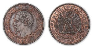 2 centimes Napoléon tête nue 1855 MA ancre (Marseille). 2 centimes Napoléon tête nue 1855 MA ancre (Marseille).