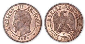 2 centimes Napoléon tête nue 1854 W (Lille). 2 centimes Napoléon tête nue 1854 W (Lille).